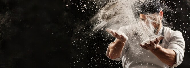 baker throwing flour into the air, banner with copy space, black background