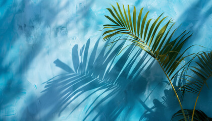 Tropical palm tree leaves with shadows on a blue background