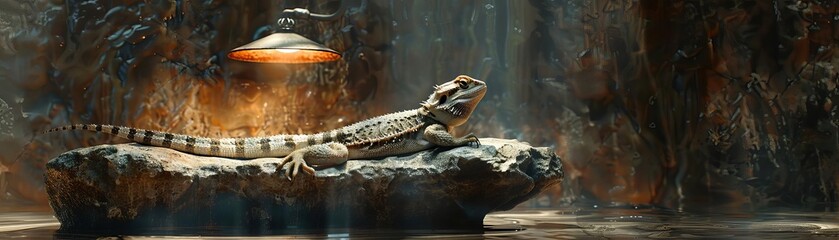 Bearded dragon lizard basking under a heat lamp in a terrarium, with a natural looking rocky background and warm lighting. - Powered by Adobe
