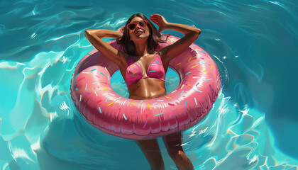 Woman having fun inflatable donut ring