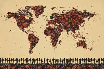 A world map and a row of silhouettes of people below. Illustration. World Population Day