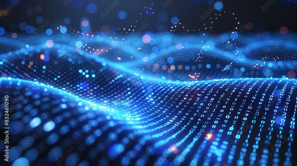 Poster digital background with abstract waves of light and binary code in blue