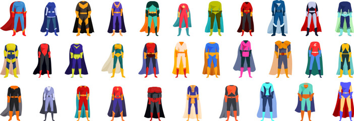 Superhero costume cloak icons set vector. The image is a vibrant display of various colors and styles, showcasing the diversity of the characters