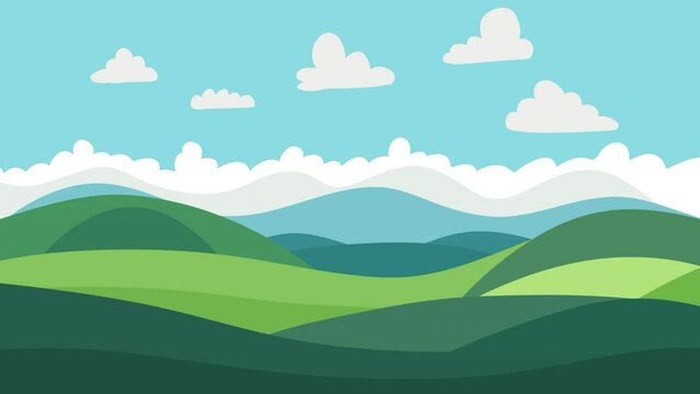 Animated landscape illustration featuring rolling green hills under a blue sky with clouds