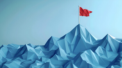 Abstract blue mountain with red flag on top success, generative ai