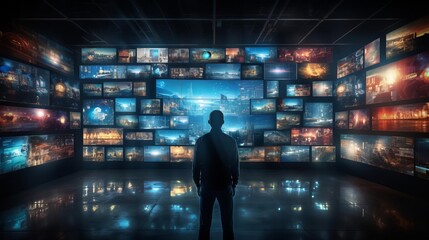 Individual standing in front of a video wall filled with diverse streaming content on multiple TV screens selective focus, media immersion, ethereal, overlay, control room backdrop