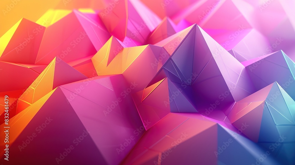 Poster geometric 3d background with pyramids in a gradient of vibrant colors