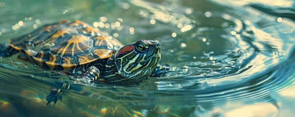 Close-up shot of a turtle swimming in clear water, showcasing its colorful shell and intricate patterns.