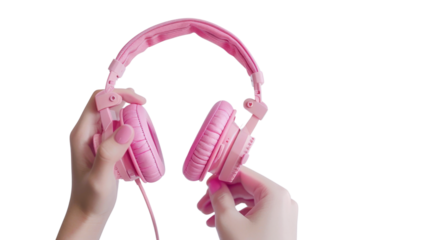 Hand holding a pink headphones