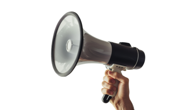 Hand holding a loud speaker megaphone 