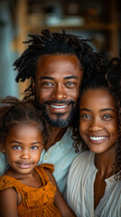 Happy African American Family Taking a Selfie Together at Home, Bright Smiles, Close-Up, Loving Moments, Indoor Family Bonding, Happiness, Parenthood, Diverse Family Portrait, Warm Home Atmosphere