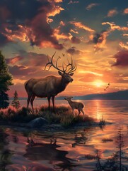 A picturesque scene of two deer standing by a lake at sunset. The larger deer stands tall, its antlers reaching towards the sky, while the smaller deer drinks from the water. Generative AI