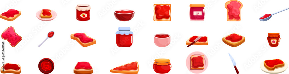 Poster jam toast icons set vector. a row of food items with a red jelly spread on them. the jelly spread is