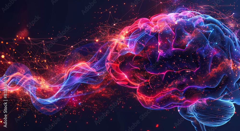 Poster digital human brain with colorful lines symbolizing artificial intelligence and neural networks at n