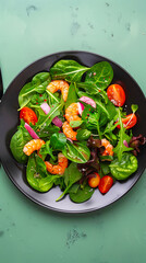 Fresh Shrimp Spinach Salad with Cherry Tomatoes and Greens on Black Plate Against Refreshing Green Background, Ideal for Healthy Eating and Food Photography Concepts