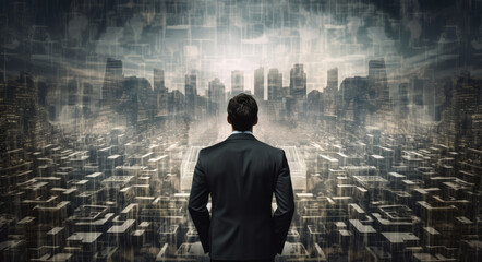 Obraz premium Businessman in front of modern city with double exposure of lights.