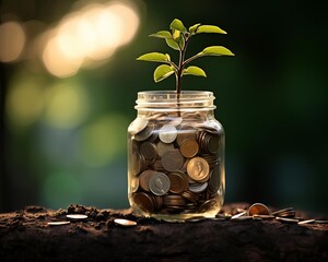 Jar of coins with a germinating tree sapling - Powered by Adobe