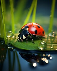 Obraz premium Ladybug crawling on a blade of grass, dew drops sparkling around focus on tiny details, dynamic, blend mode, meadow backdrop