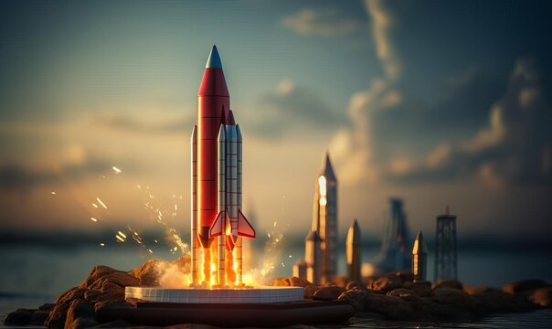 Launching rocket with upward trending graphs and growth curves subtly lit by morning sunlight