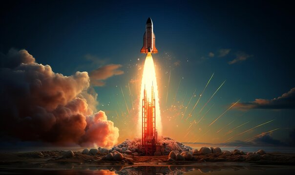 Launching rocket with upward trending graphs and growth curves subtly lit by morning sunlight
