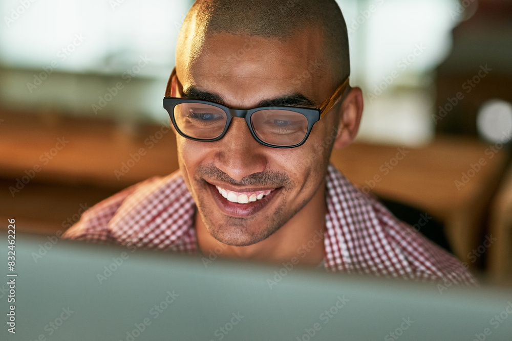 Poster smile, man and computer in office at night as web designer for research, information and creative pr