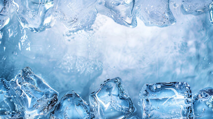 Background with ice cubes on a bluish background, ice background, cold background close up