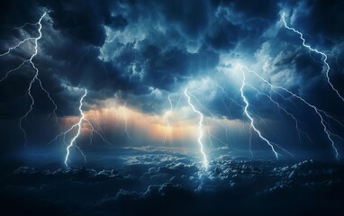 Lightning bolts illuminating a heavy thunderstorm with hail, dramatic dark clouds above selective focus, natures fury, ethereal, overlay, storm sky backdrop