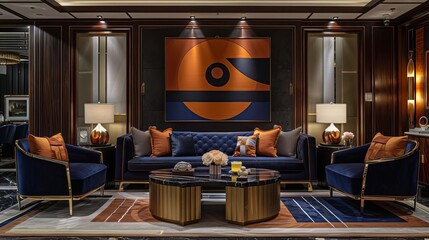 Luxurious modern living room with elegant furniture, abstract wall art, and warm lighting, creating a cozy and stylish ambiance.