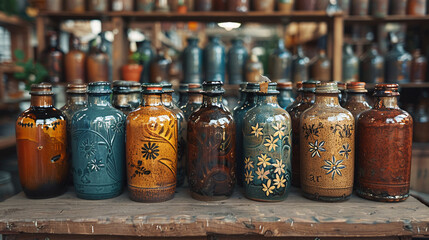 Old bottles with patina and wear, on the table and shelves