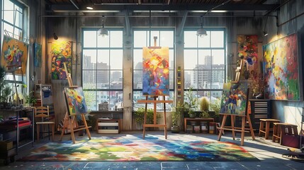 Obraz premium A bright, colorful artist's studio with paintings on easels and large windows letting in natural light, showcasing creativity and inspiration.