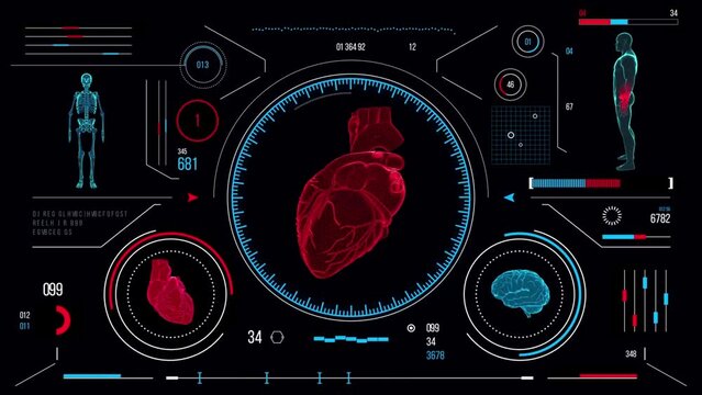 Human heart scan. Futuristic medical user interface with HUD and infographic elements. Virtual technology background. Head-up display template for business, games, motion design, web and app.