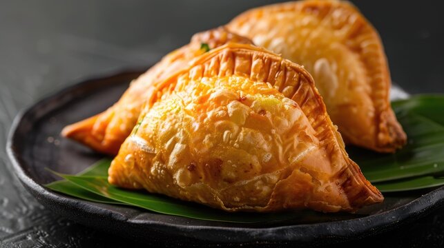 Snack of Southeast Asian Origin Curry Puff consists of Curry Chicken and Potatoes Encased in a Deep Fried or Baked Pastry Shell