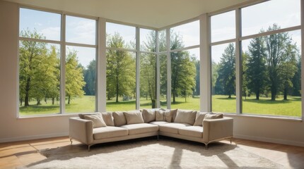 Fototapeta premium Modern Living Room with Sectional Sofa and Large Windows