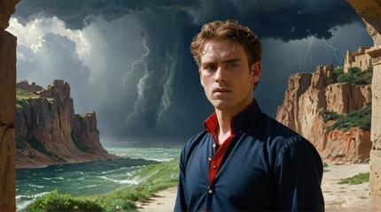 Man looking at the storm with dramatic clouds.