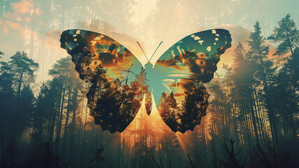 Butterfly in silhouette with forest and trees, close up, focus on, rich colors, Double exposure silhouette with natural elements