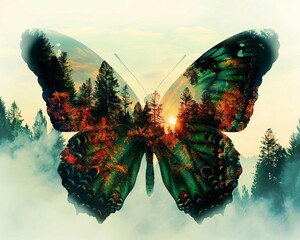 Butterfly merging with lush forest, close up, focus on, vivid hues, Double exposure silhouette with natural backdrop