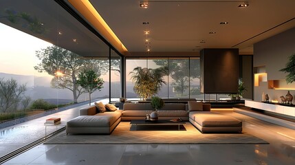 Modern open-concept living room with floor-to-ceiling windows and contemporary furniture,...