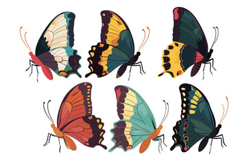 Set of tropical butterflies with colorful wings. Collection of Gorgeous exotic moth or insects, top view. Cute cartoon tropical butterflies isolated