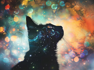 Cat blending with galaxy and stars, close up, focus on, vivid hues, Double exposure silhouette with celestial background