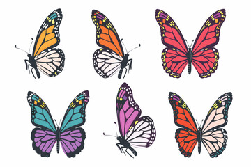 Set of tropical butterflies with colorful wings. Collection of Gorgeous exotic moth or insects, top view. Cute cartoon tropical butterflies isolated