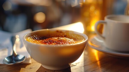 Close up of a bowl of tasty creme brulee on a table