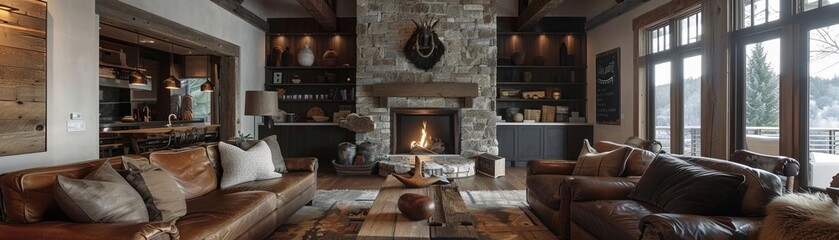 Cozy rustic living room with stone fireplace, wooden beams, large windows, leather couches, and warm earthy tones for a comfortable ambiance.