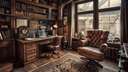 Cozy vintage home office with a wooden desk, leather chair, bookshelves, vintage decor, and large windows in rustic setting.