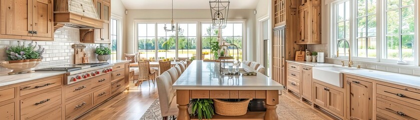 Beautiful rustic kitchen with wooden cabinetry, island, farmhouse sink, and large windows offering natural light and a view of the backyard.