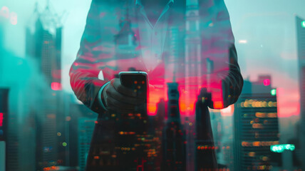 Close up of businessman holding a smartphone with panoramic cityscape, close up, focus on, vibrant colors, Double exposure silhouette with urban skyline