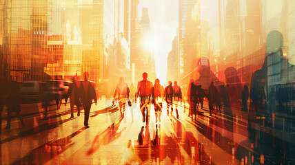 Cityscape and sunlight combined with business people, close up, focus on, rich colors, Double exposure silhouette with urban setting