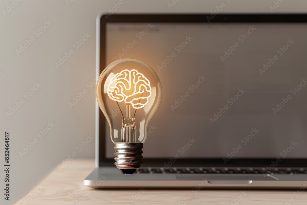 Aufkleber a light bulb with a brain inside of it and a laptop computer. concept of idea, solution and creativi