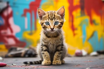 Portrait of a cute serengeti cat over vibrant graffiti wall