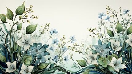A serene watercolor floral border with bluebells and green leaves on a soft mint background