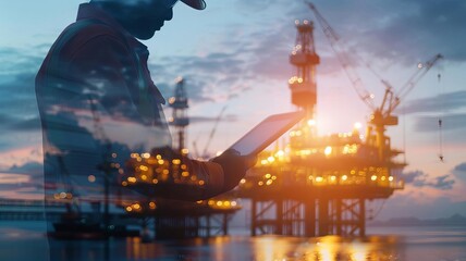 Engineer holding tablet combined with offshore oil platforms, close up, focus on, striking palette, Double exposure silhouette with energy sector